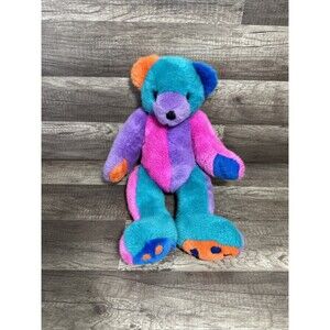 Vintage Purr-Fection by MJC rainbow color block teddy bear 16” RARE HTF Retro